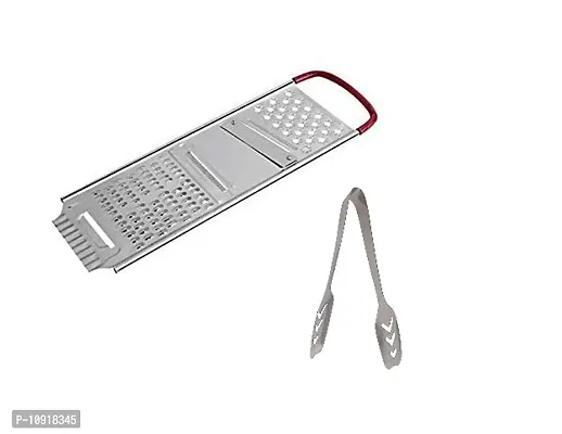 Heavy Stainless Steel Potato Chipser Slicer And Grater Red Handle With Stainless Steel Momo Tong For Kitchen Use (Pack Of 2 Pcs)