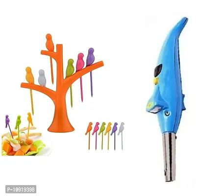 Bird Fork Bird Fruit And Salad Fork Multicoloured 6 Forks In Bird Shape With Tree And Plastic Dolphine Gas Lighter With Torch(Pack Of 2 Pcs)