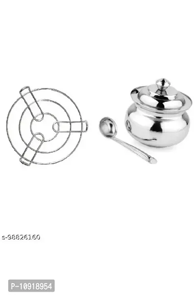 Stainless Steel Kitchen Cooking Pot Steaming Tray Round Cooker Steamer Stand With Stainless Steel Ghee Pot With Spoon(Pack Of 2 Pcs)