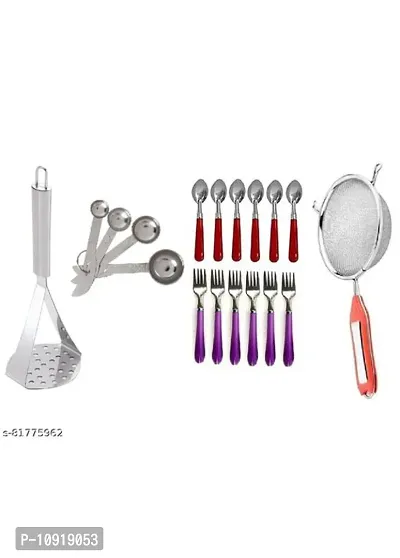 Kitchen Combo Set Of Stainless Steel Potato Vegetable Pav Bhaji Masher With Stainless Steel Measuring Spoon Set And Ss Soup Strainer  12 Pcs Dinning Forks With Plastic Handle  12 Pcs Dinning Spoon With Plastic Handle(Pack Of 5 Pcs)-thumb0