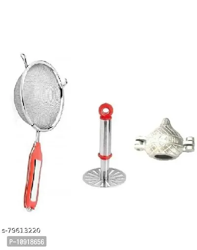 Kitchen Combo Of Stainless Steel Potato Vegetable Pav Bhaji Small Masher With Ss Soup Strainer And Aluminuim Modak Mould Maker(Pack Of 3 Pcs)