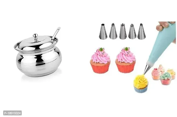 Combo Of Stainless Steel Ghee Pot With Lid And Spoon, 250 Ml With 6 Pcs Cake Decorating Nozzle Tips With Piping Bag(Pack Of 2 Pcs