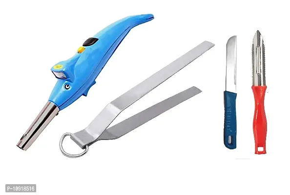 Stainless Steel Roti Chimta With Plastic Dolphine Gas Lighter With Led Torch And Knife, Peeler(Pack Of 4 Pcs)