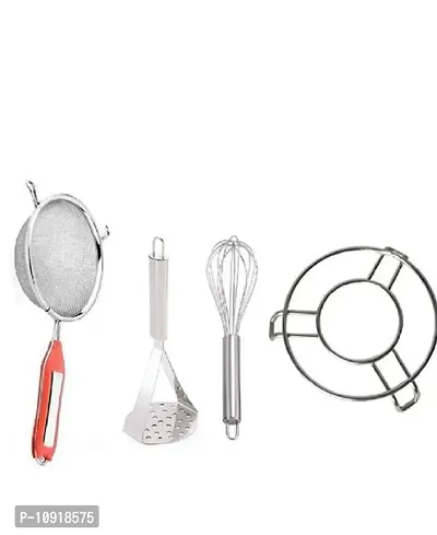 Combo Of Stainless Steel Soup Juice Strainer  Pav Bhaji Big Masher, Egg Beater Whisk And Ss Cooker Pot Stand(Pack Of 4 Pcs)