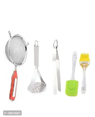 Stainless Steel Kitchen Combo Of Stainless Steel Premium Quality Soup Strainer  Ss Big Masher  Roti Chimta Tong And Silicon Big Spatula And Oil Brush Set(Pack Of 4 Pcs)