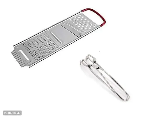 Heavy Stainless Steel Potato Chipser Slicer And Grater Red Handle With Stainless Steel Wire Tong Pakkad(Pack Of 2 Pcs)