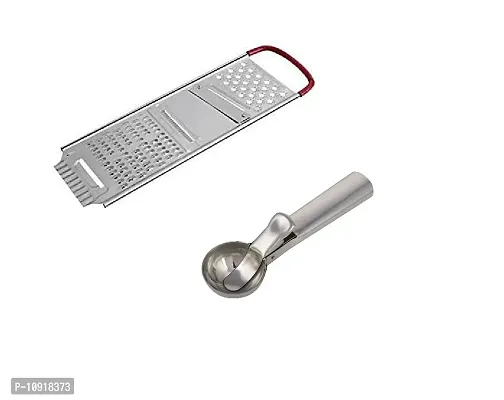 Heavy Stainless Steel Potato Chipser Slicer And Grater Red Handle With Stainless Steel Ice Cream Scoop(Pack Of 2 Pcs)-thumb0