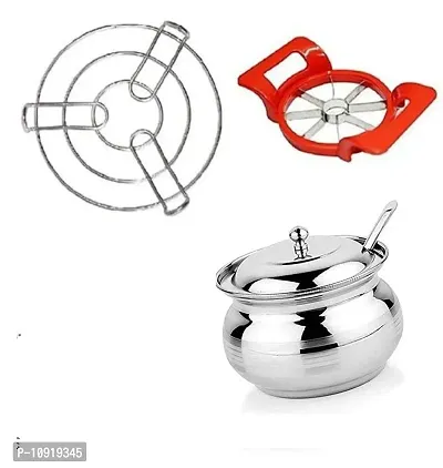 Combo Of Stainless Steel Ghee Pot With Lid And Spoon, 250 Ml With Cooker Stand Apple Cutter(Pack Of 3 Pcs)