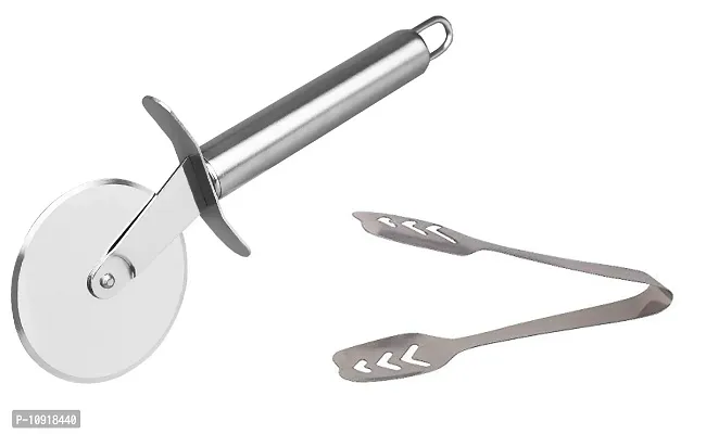 Combo Of Stainless Steel Wheel Pizza Cutter With Stainless Steel Sweet Momo Tong(Set Of 2)