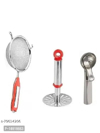 Combo Of Stainless Steel Premium Quality Soup Strainer  Potato Pav Bhaji Small Masher And Ice Cream Scoop(Pack Of 3 Pcs)