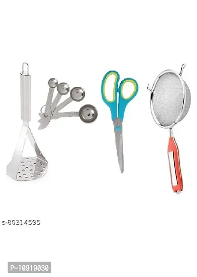 Kitchen Combo Set Of Stainless Steel Potato Vegetable Pav Bhaji Masher With Stainless Steel Measuring Spoon Set And Ss Soup Strainer  Multipurpose Big Scissor(Pack Of 4 Pcs)