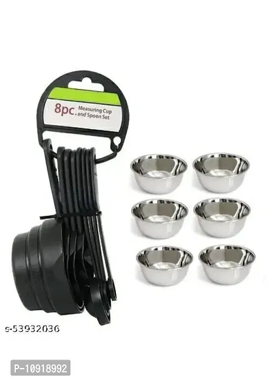 Stainless Steel Chatni/Pickle Mini Katori Bowl Set Of 6 Pieces With 8 Pcs Plastic Black Measuring Cup  Spoon Set