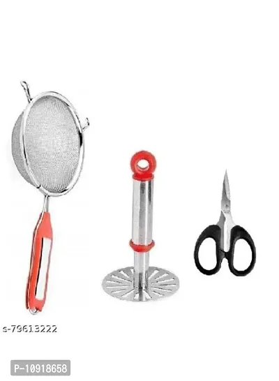 Kitchen Combo Of Stainless Steel Potato Vegetable Pav Bhaji Small Masher With Ss Soup Strainer And Multipurpose Use Scissor(Pack Of 3 Pcs)