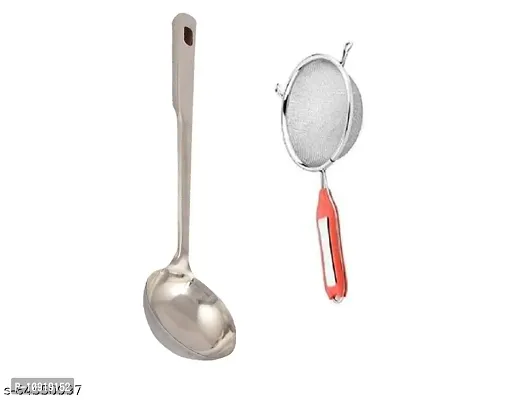 Stainless Steel Cooking Ss Chamcha And Stainless Steel Premiun Quality Soup Juice Strainer(Pack Of 2 Pcs)