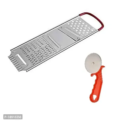 Heavy Stainless Steel Potato Chipser Slicer And Grater Red Handle With Steel Pizza Cutter Plastic Handle(Pack Of 2 Pcs)-thumb0