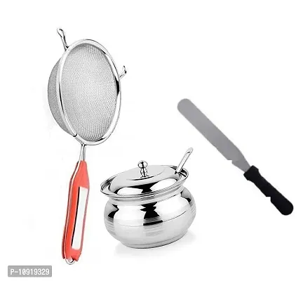 Combo Of Stainless Steel Ghee Pot With Lid And Spoon, 250 Ml With Stainless Steel Premiun Quality Soup Juice Strainer With Stainless Steel Flat Pallet Knife Spatula For Spreading Smoothing Of Icing Bakeware Tool(Pack Of 3 Pcs)