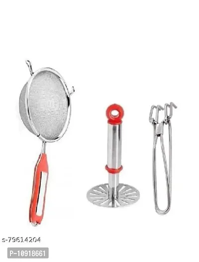 Combo Of Stainless Steel Premium Quality Soup Strainer  Potato Pav Bhaji Small Masher And Wire Pakkad Tong(Pack Of 3 Pcs)