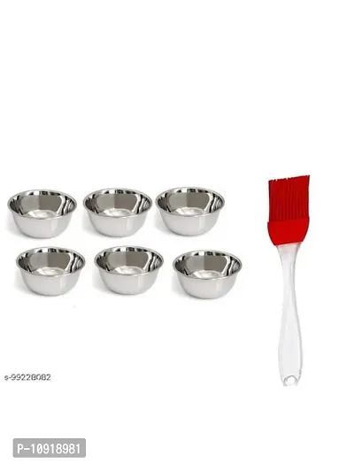 Stainless Steel Chatni/Pickle Mini Katori Bowl Set Of 6 Pieces With Silicon Big Oil Brush Only