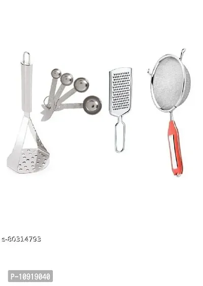 Kitchen Combo Set Of Stainless Steel Potato Vegetable Pav Bhaji Masher With Stainless Steel Measuring Spoon Set And Ss Soup Strainer  Cheese Grater(Pack Of 4 Pcs)