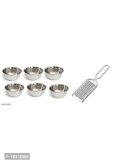 Stainless Steel Chatni/Pickle Mini Katori Bowl Set Of 6 Pieces With Stainless Steel Ginger/Garlic/ Cheese Grater-thumb0