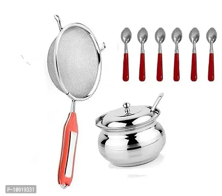 Combo Of Stainless Steel Ghee Pot With Lid And Spoon, 250 Ml With Stainless Steel Premiun Quality Soup Juice Strainer With Stainless Steel Dinning Spoon With Plastic Handle 6 Pcs(Pack Of 3 Pcs