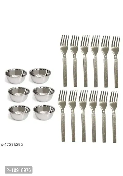 Stainless Steel Chatni/Pickle Mini Katori Bowl Set Of 6 Pieces With Stainless Steel Dinner Fork 12 Pieces