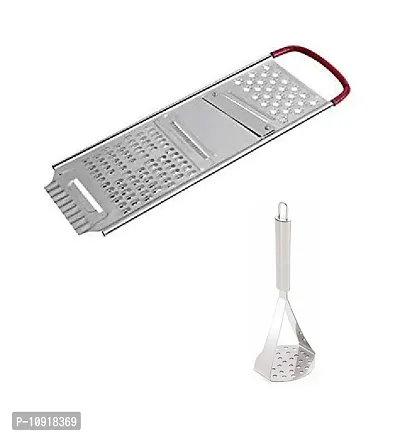 Heavy Stainless Steel Potato Chipser Slicer And Grater Red Handle With Stainless Steel Potato Pav Bhaji Big Masher(Pack Of 2 Pcs)