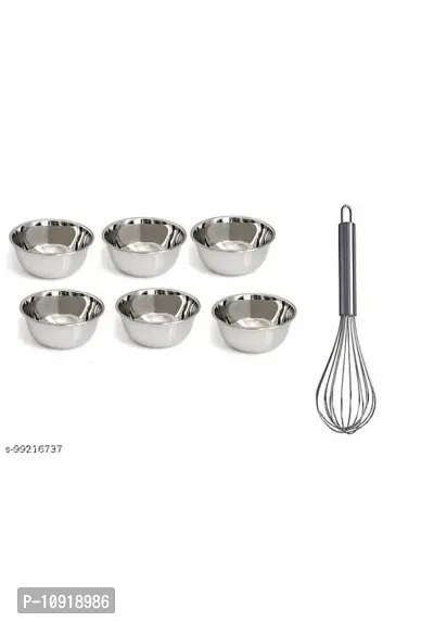 Stainless Steel Chatni/Pickle Mini Katori Bowl Set Of 6 Pieces With Stainless Steel Egg Beater Whisk