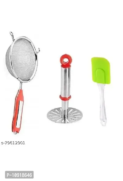 Kitchen Combo Of Stainless Steel Potato Vegetable Pav Bhaji Small Masher With Ss Soup Strainer And Silicon Big Spatula Only(Pack Of 3 Pcs)