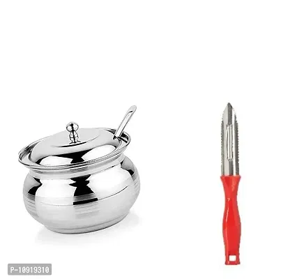 Combo Of Stainless Steel Ghee Pot With Lid And Spoon, 250 Ml With Plastic Peeler For Kitchen(Pack Of 2 Pcs)-thumb0