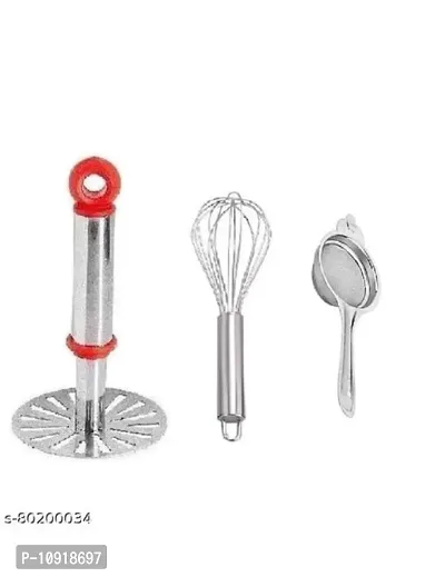 Kitchen Combo Of Stainless Steel Potato Vegetable Pav Bhaji Small Masher, Egg Beater Whisk  Steel Tea Strainer(Pack Of 3 Pcs)