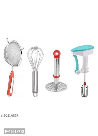 Kitchen Combo Of Stainless Steel Potato Vegetable Pav Bhaji Small Masher With Premium Soup Strainer And Egg Beater Whisk  Multipurpose Hand Blender For Kitchen Use(Pack Of 4 Pcs)-thumb0