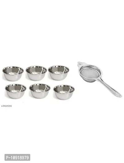 Stainless Steel Chatni/Pickle Mini Katori Bowl Set Of 6 Pieces With Stainless Steel Tea Strainer-thumb0