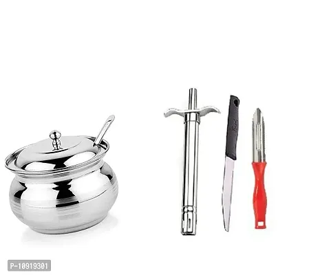 Combo Of Stainless Steel Ghee Pot With Lid And Spoon, 250 Ml With Stainless Steel Gas Lighter With Knife  Peeler(Pack Of 4 Pcs)