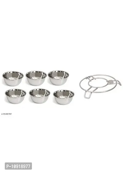 Stainless Steel Chatni/Pickle Mini Katori Bowl Set Of 6 Pieces With Stainless Steel Kitchen Cooking Pot Steaming Tray Round Cooker Steamer Stand