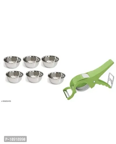 Stainless Steel Chatni/Pickle Mini Katori Bowl Set Of 6 Pieces With 2 In 1 Plastic Multipurpose Bhindi Cutter