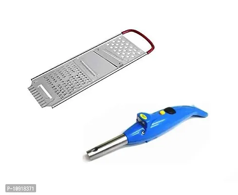 Heavy Stainless Steel Potato Chipser Slicer And Grater Red Handle With Plastic Dolphine Gas Lighter With Led Torch(Pack Of 2 Pcs)