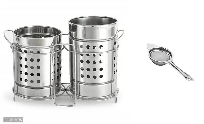 Stainless Steel Twin Cutlery Holder With Stand And Stainless Steel Tea Strainer(Pack Of 2 Pcs)