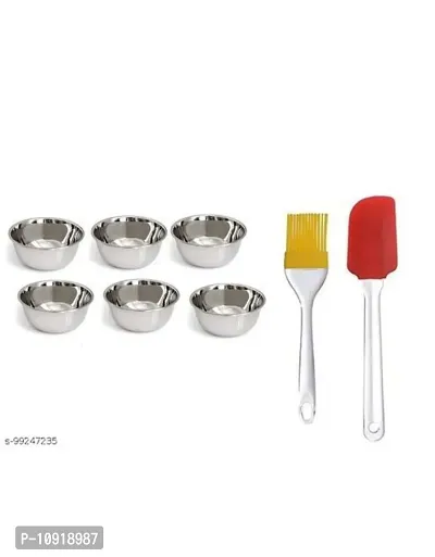 Stainless Steel Chatni/Pickle Mini Katori Bowl Set Of 6 Pieces With Silicon Mini Spatula And Brush Set-thumb0