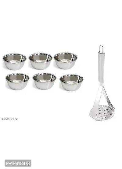 Stainless Steel Chatni/Pickle Mini Katori Bowl Set Of 6 Pieces With Stainless Steel Potato Vegetables Pav Bhaji Big Masher