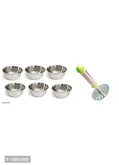 Stainless Steel Chatni/Pickle Mini Katori Bowl Set Of 6 Pieces With Stainless Steel Potato Vegetables Pav Bhaji Small Masher