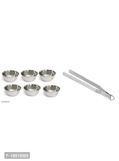 Stainless Steel Chatni/Pickle Mini Katori Bowl Set Of 6 Pieces With Stainless Steel Roti Chimta Tong