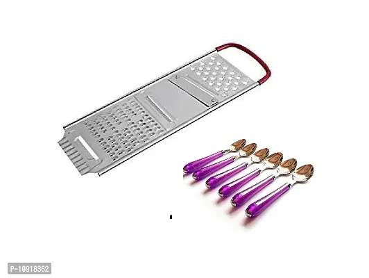 Heavy Stainless Steel Potato Chipser Slicer And Grater Red Handle With 6 Pcs Stainless Steel Spoons With Plastic Handle For Dining Table(Pack Of 2 Pcs)