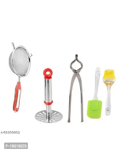 Combo Of Stainless Steel Premium Quality Soup Strainer  Ss Small Masher  Ss Sandasi Tong And Silicon Mini Spatula And Oil Brush Set(Pack Of 4 Pcs)