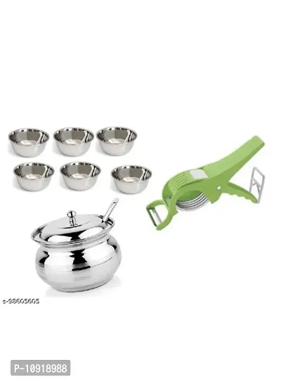 Stainless Steel Chatni/Pickle Mini Katori Bowl Set Of 6 Pieces With Stainless Steel Ghee Pot  2 In 1 Plastic Multipurpose Bhindi Cutter