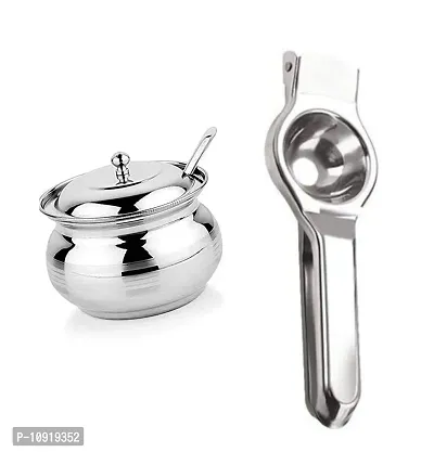 Combo Of Stainless Steel Ghee Pot With Lid And Spoon, 250 Ml With Stainless Steel Lemon Squeezer(Pack Of 2 Pcs)