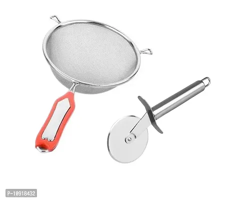 Combo Of Stainless Steel Wheel Pizza Cutter With Stainless Steel Soup Juice Strainer(Set Of 2 Pcs)