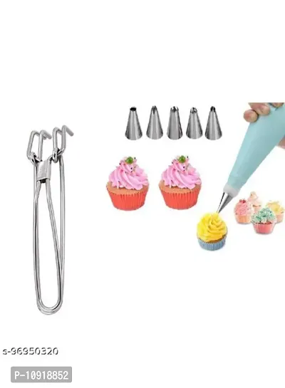 Stainless Steel Wire Pakkad Tong And 6 Pcs Cake Decorating Nozzle Tips With Piping Bag(Pack Of 2 Pcs)