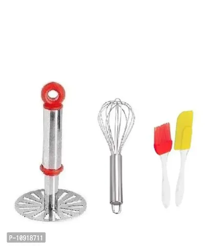 Kitchen Combo Of Stainless Steel Potato Vegetable Pav Bhaji Small Masher And Egg Beater Whisk  Silicon Mini Oil Brush Cum Spatula Set(Pack Of 3 Pcs)