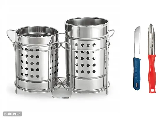 Stainless Steel Twin Cutlery Holder With Stand And Knife  Peeler(Pack Of 3 Pcs)